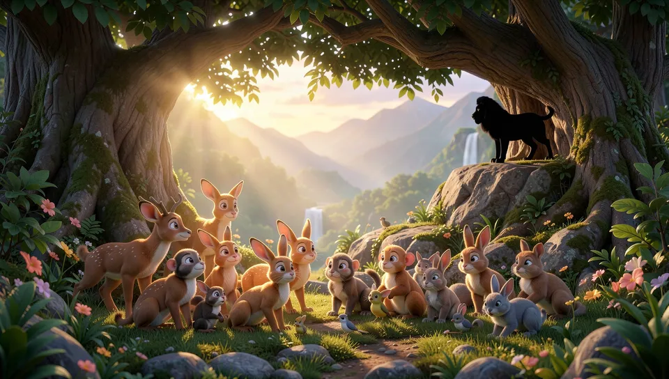 Frightened forest animals gather under a tall tree while a lion watches from a faraway hill.